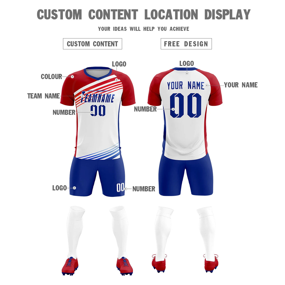 Custom White Red-Royal Blue Gradient Sport Soccer Sets Jersey