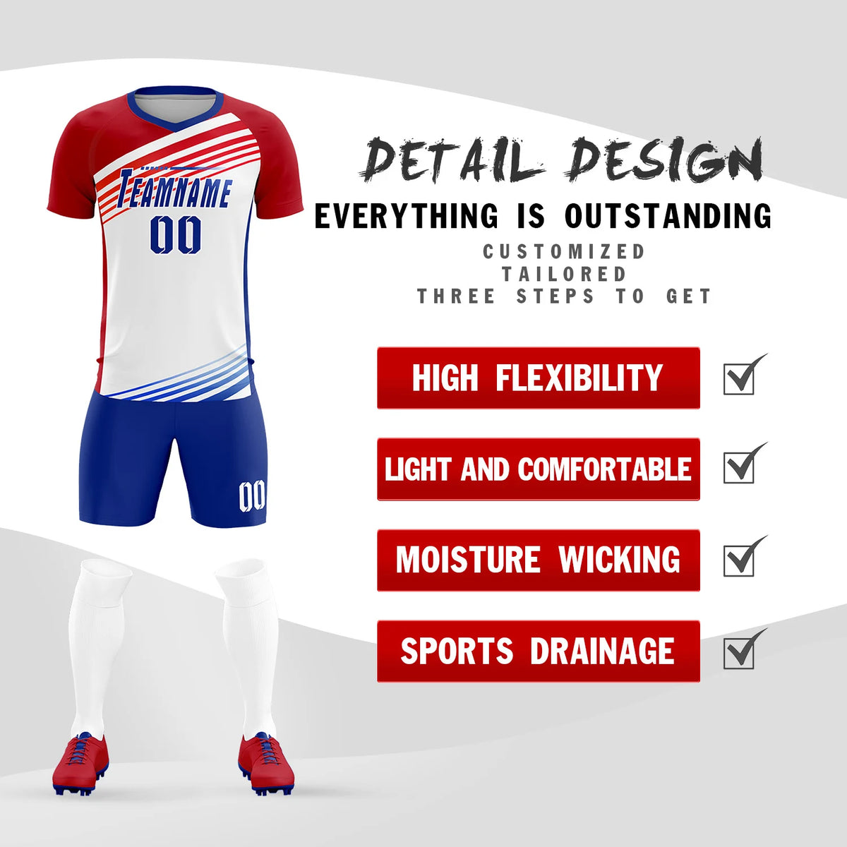 Custom White Red-Royal Blue Gradient Sport Soccer Sets Jersey