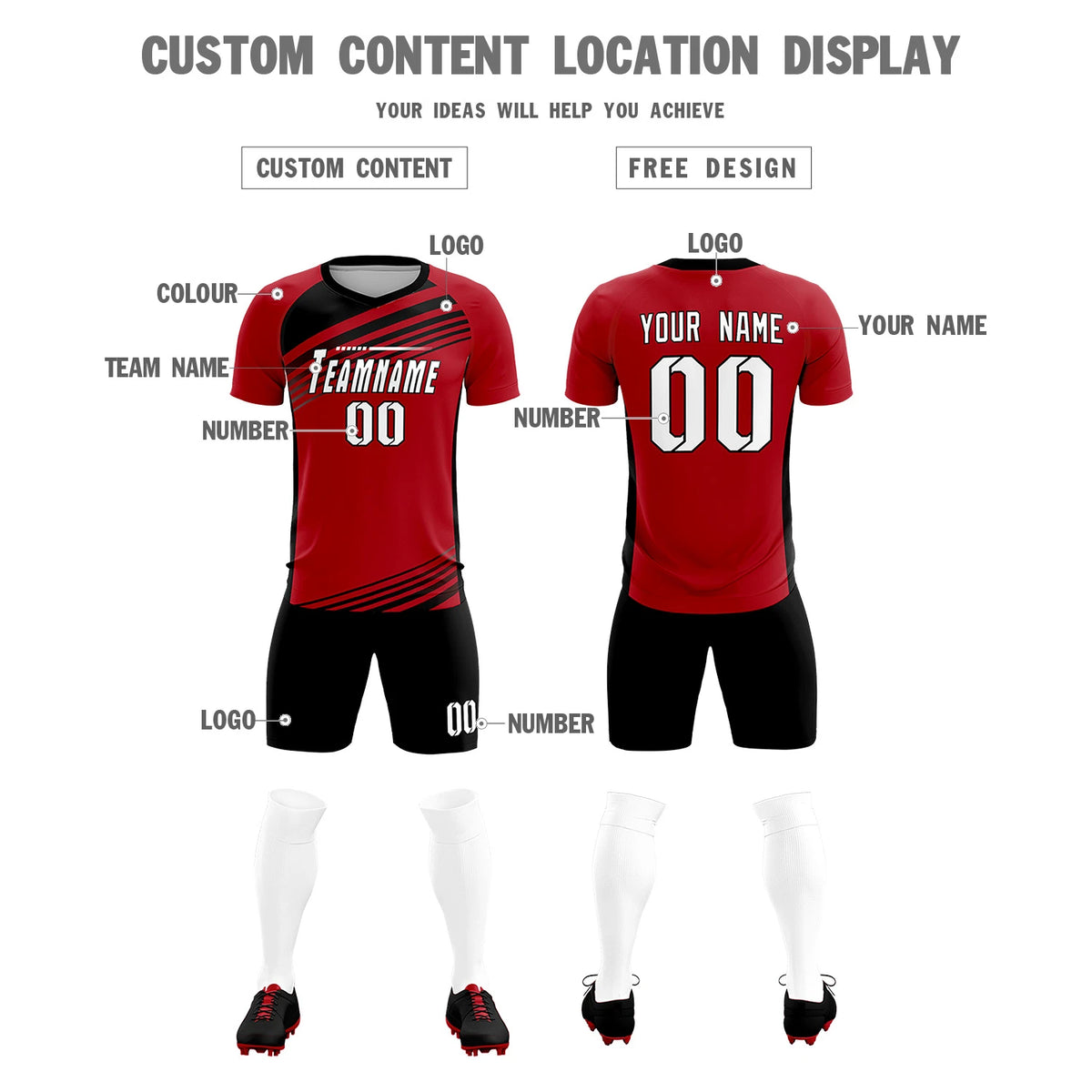 Custom Red Black-White Gradient Sport Soccer Sets Jersey