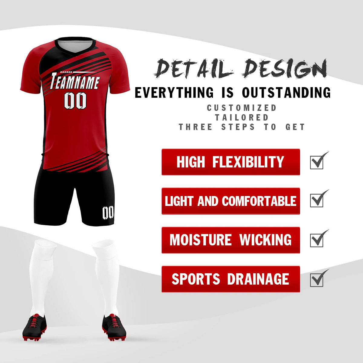Custom Red Black-White Gradient Sport Soccer Sets Jersey