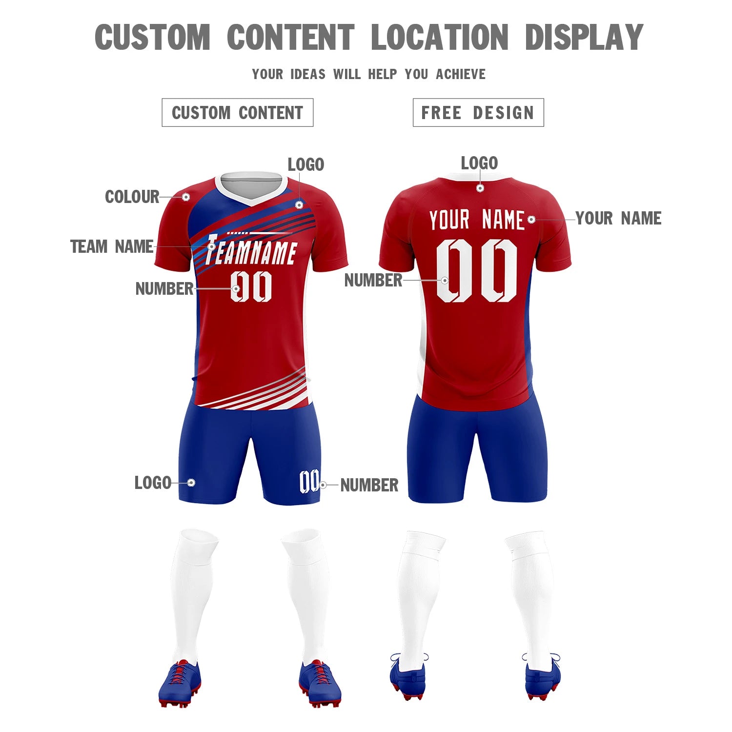 Custom Red Royal Blue-White Gradient Sport Soccer Sets Jersey