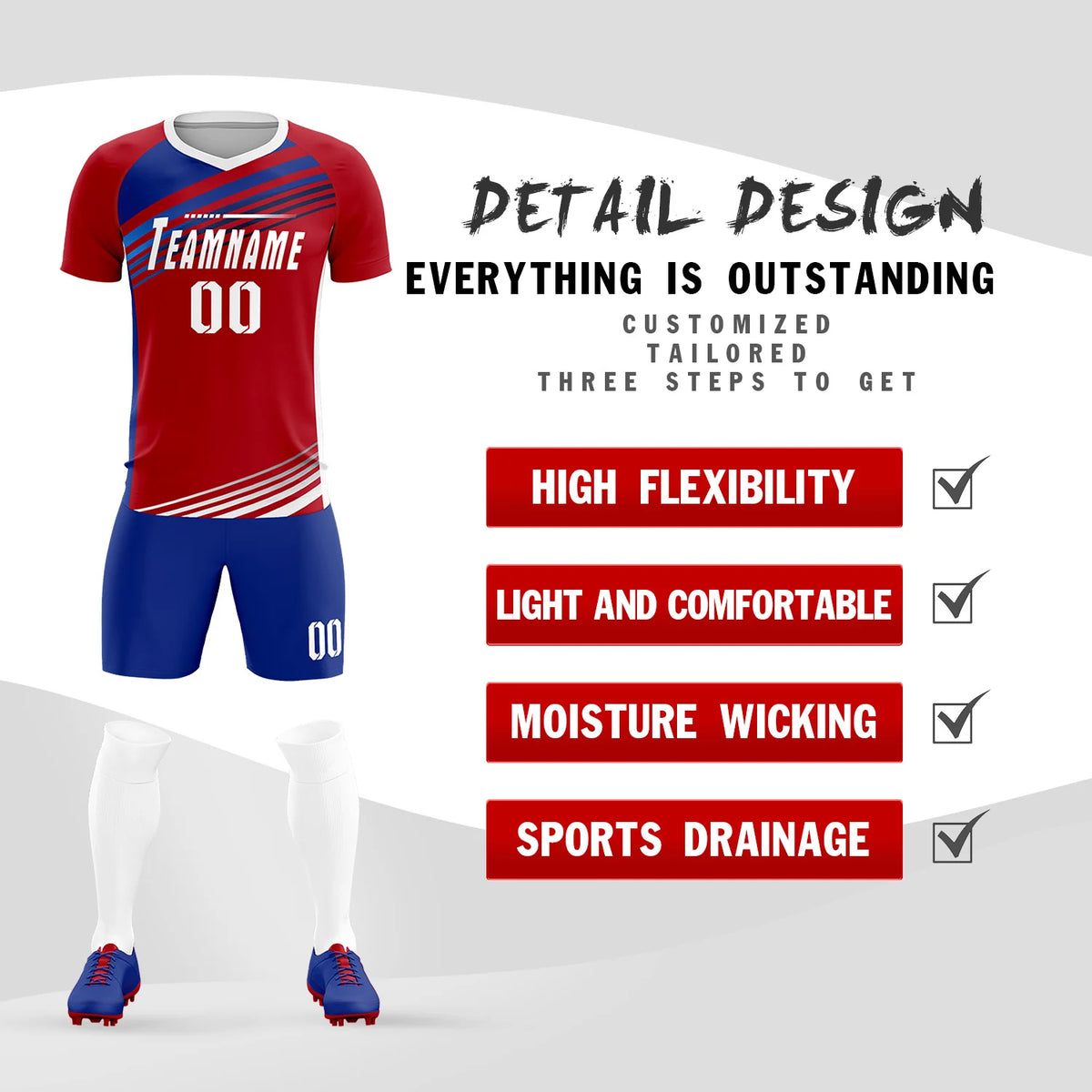 Custom Red Royal Blue-White Gradient Sport Soccer Sets Jersey