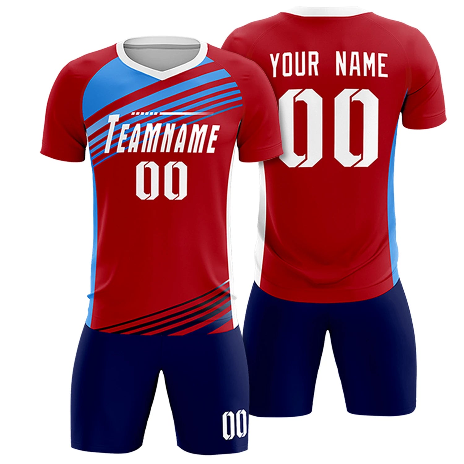 Custom Red Powder Blue-White Gradient Sport Soccer Sets Jersey