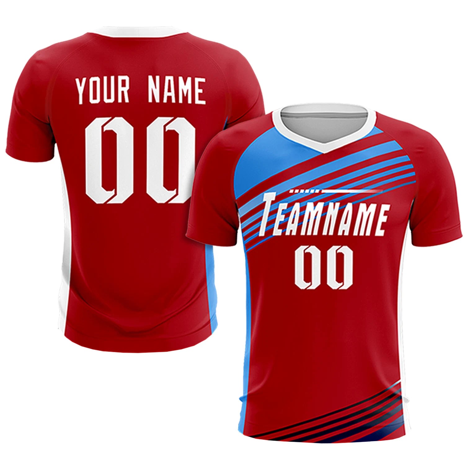 Custom Red Powder Blue-White Gradient Sport Soccer Sets Jersey
