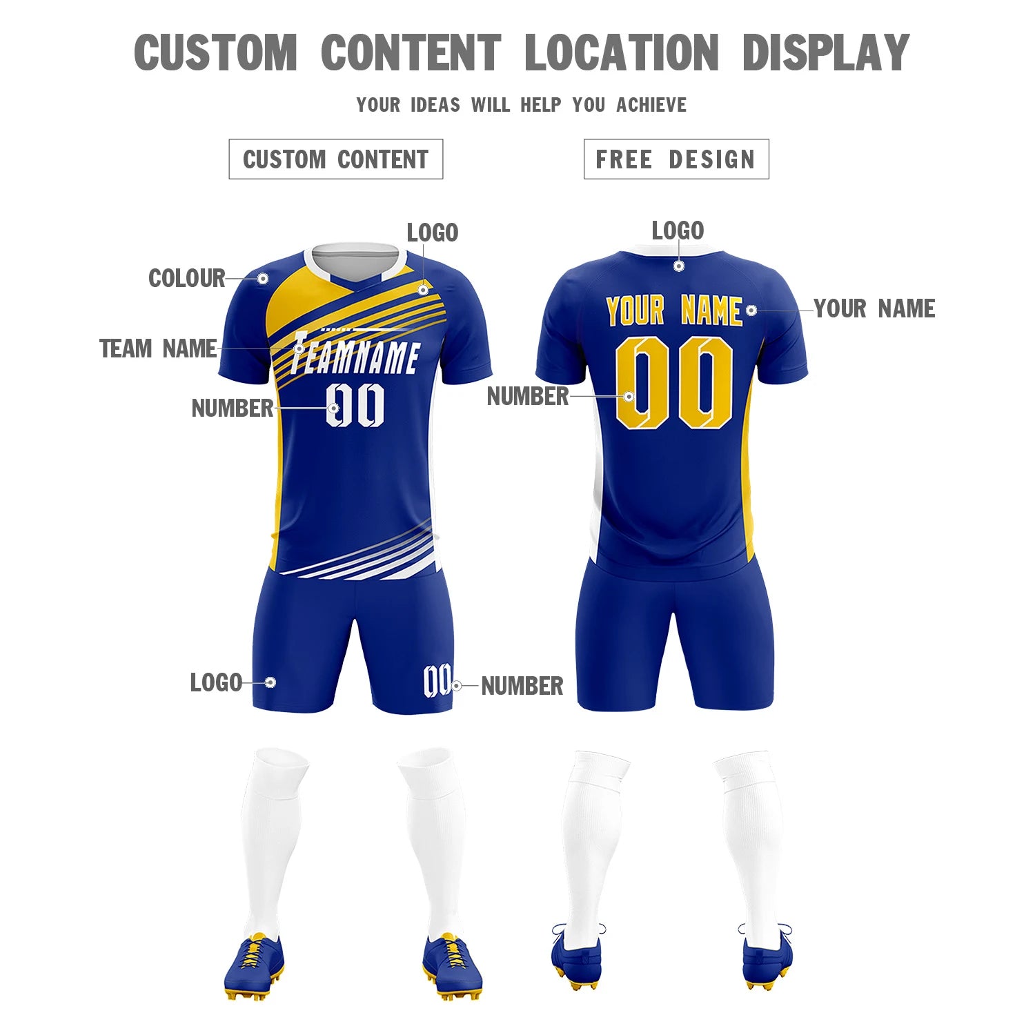Custom Royal Blue Gold-White Gradient Sport Soccer Sets Jersey
