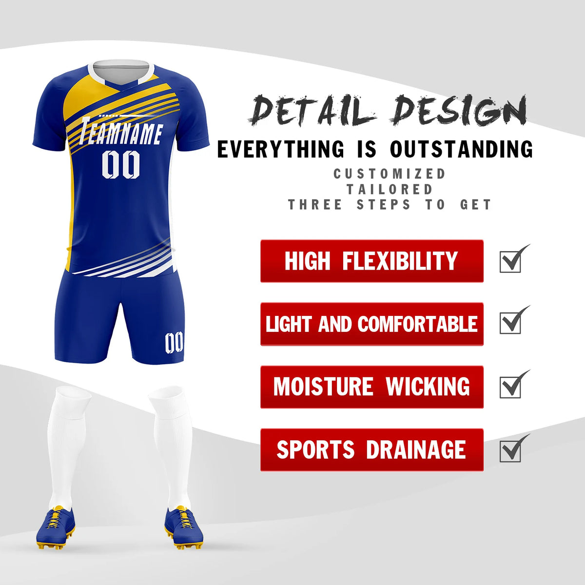 Custom Royal Blue Gold-White Gradient Sport Soccer Sets Jersey