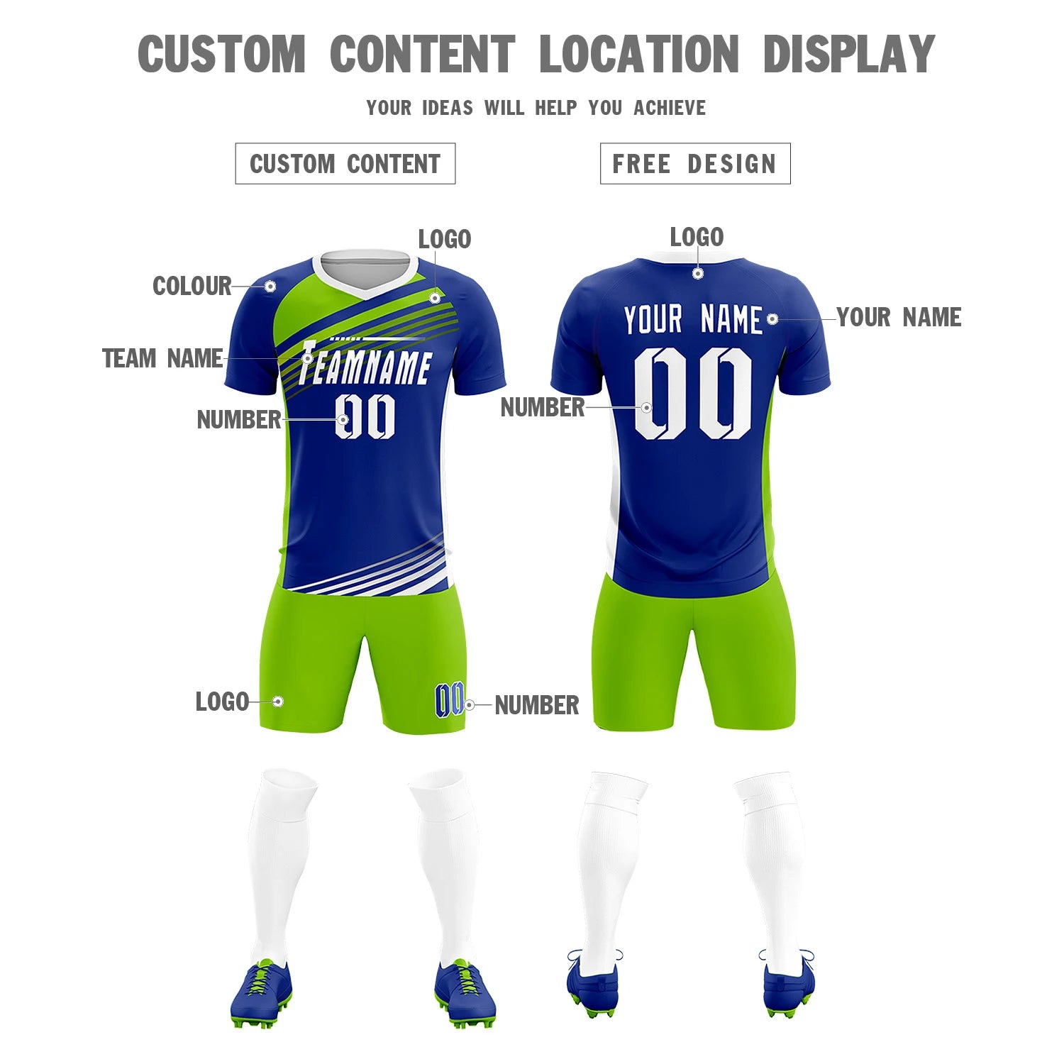 Custom Royal Blue Neon Green-White Gradient Sport Soccer Sets Jersey