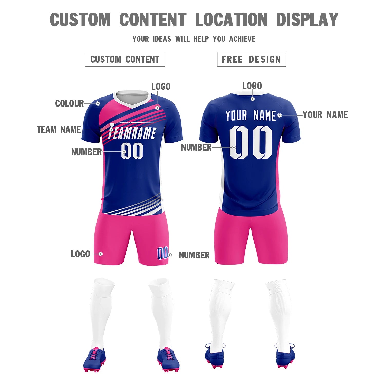 Custom Royal Blue Pink-White Gradient Sport Soccer Sets Jersey