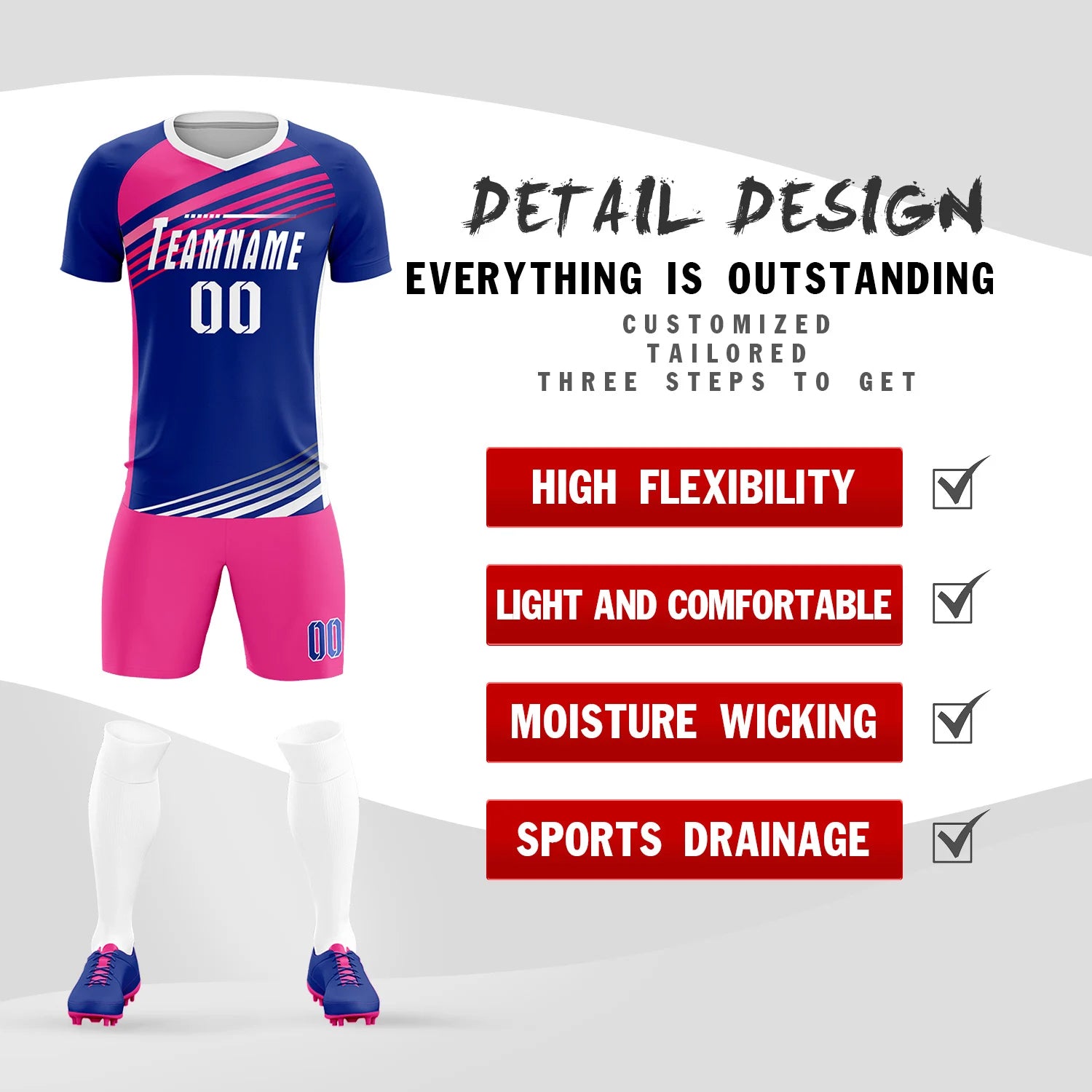 Custom Royal Blue Pink-White Gradient Sport Soccer Sets Jersey