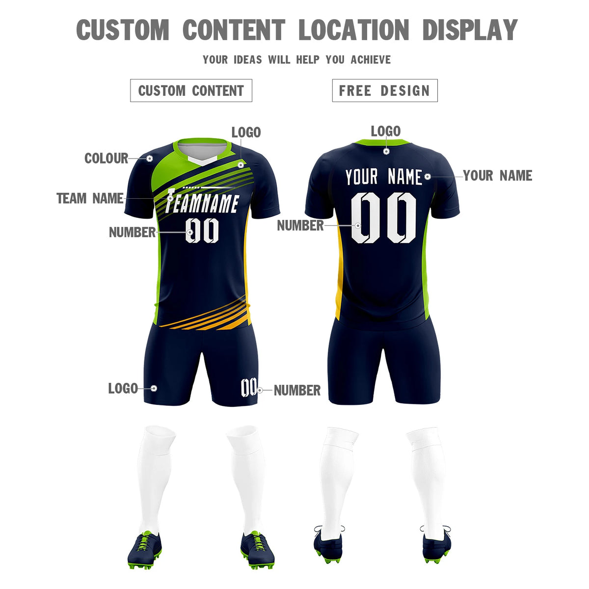 Custom Navy Neon Green-White Gradient Sport Soccer Sets Jersey