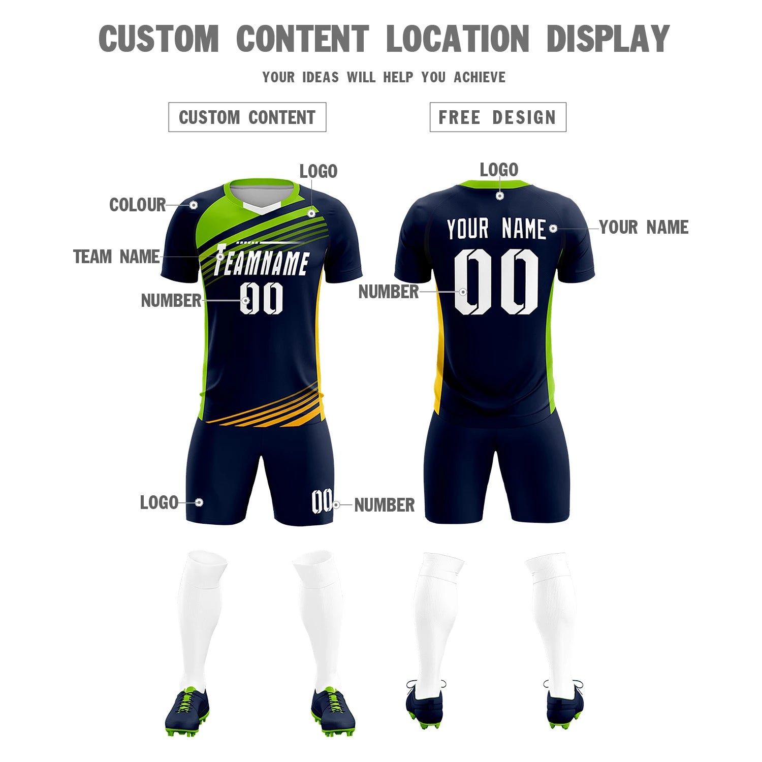Custom Navy Neon Green-White Gradient Sport Soccer Sets Jersey