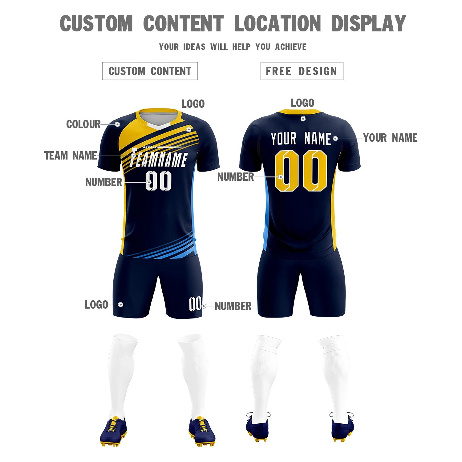 Custom Navy Gold-White Gradient Sport Soccer Sets Jersey