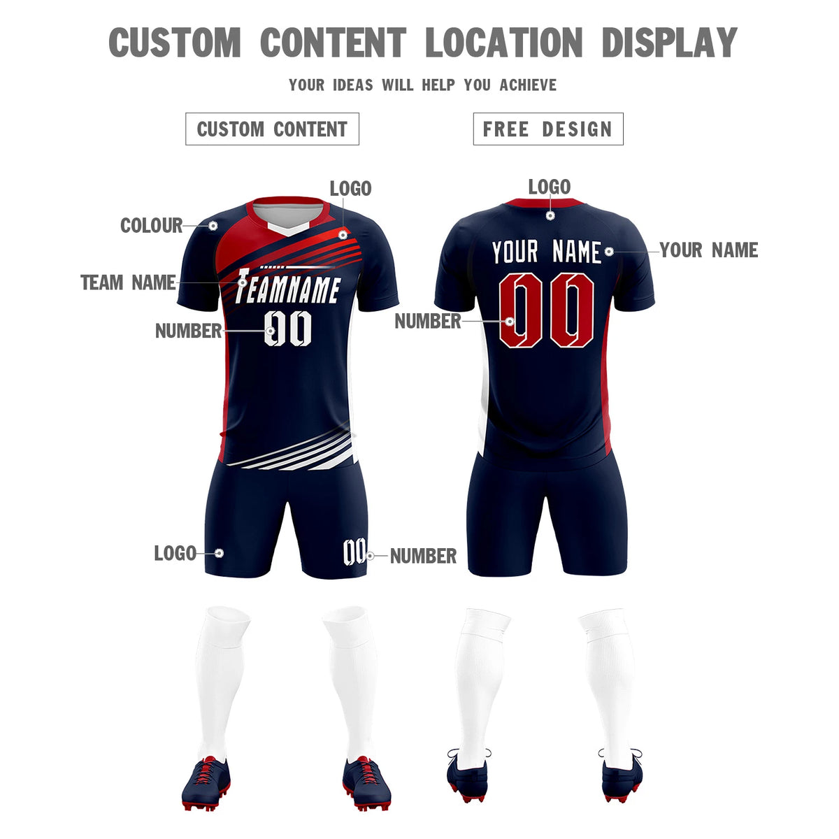 Custom Navy Red-White Gradient Sport Soccer Sets Jersey