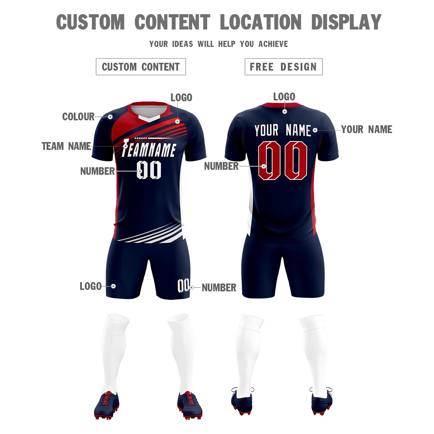 Custom Navy Red-White Gradient Sport Soccer Sets Jersey