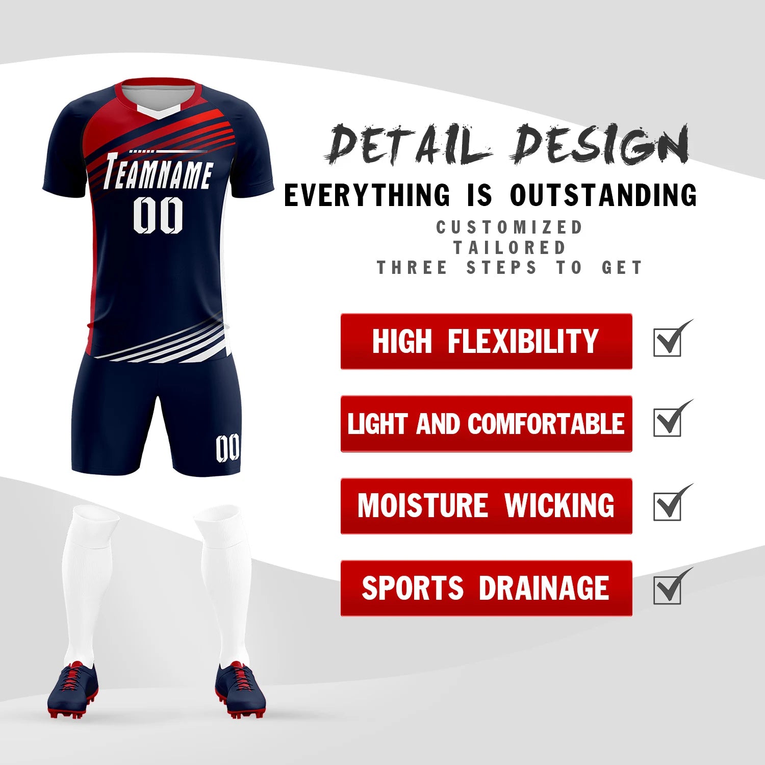 Custom Navy Red-White Gradient Sport Soccer Sets Jersey