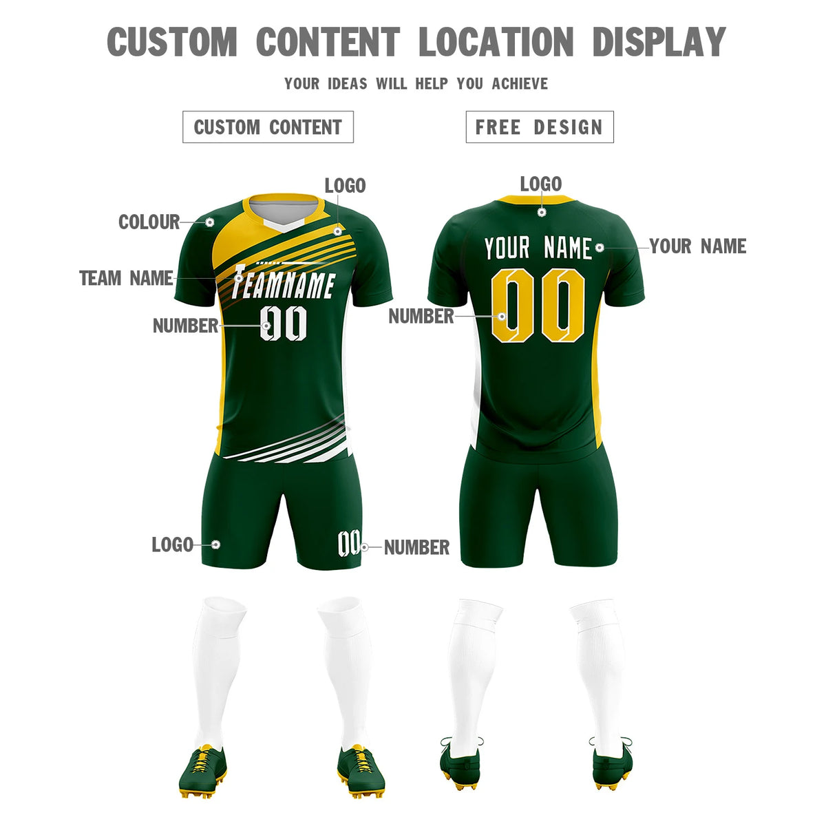 Custom Green Gold-White Gradient Sport Soccer Sets Jersey