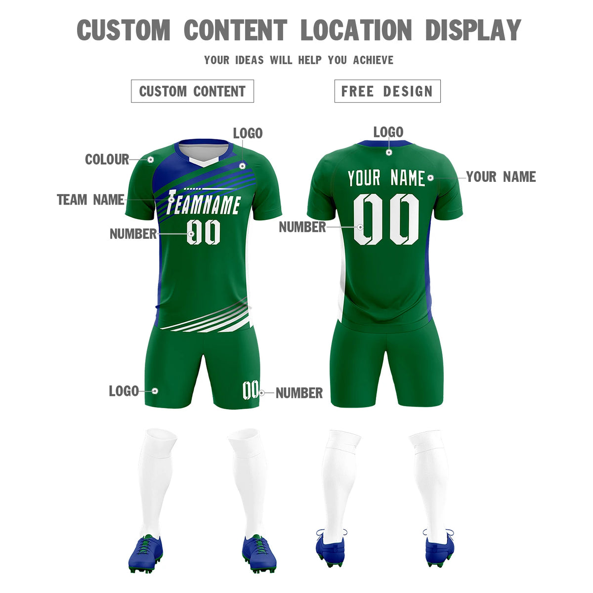 Custom Kelly Green Royal Blue-White Gradient Sport Soccer Sets Jersey