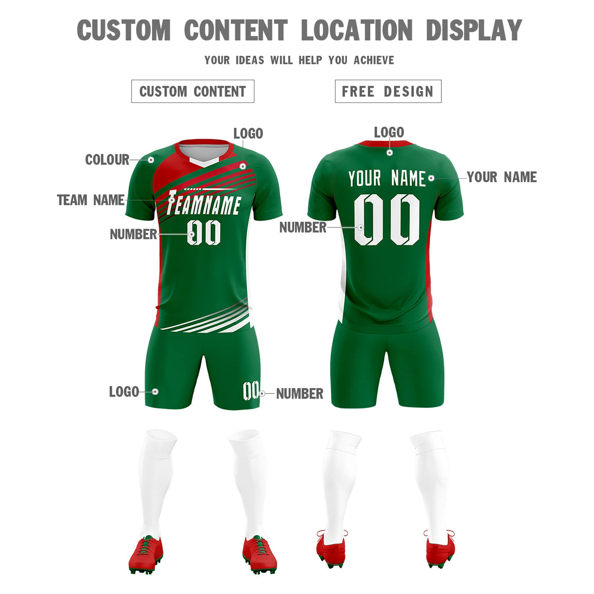 Custom Kelly Green Red-White Gradient Sport Soccer Sets Jersey