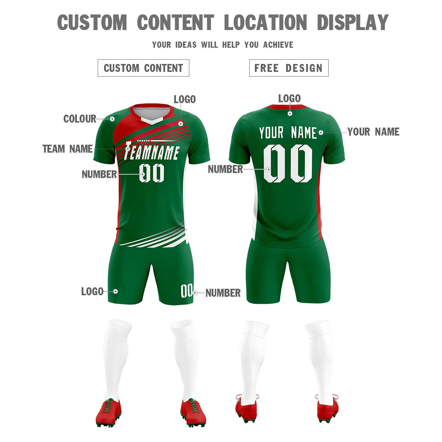 Custom Kelly Green Red-White Gradient Sport Soccer Sets Jersey