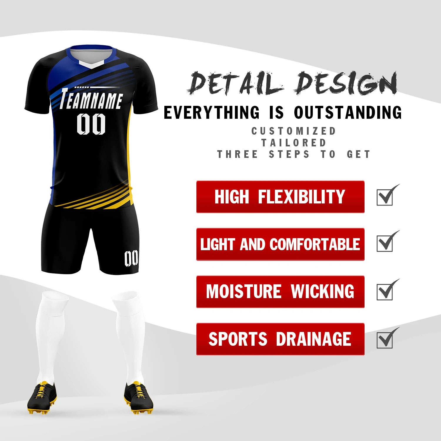 Custom Black Royal Blue-White Gradient Sport Soccer Sets Jersey