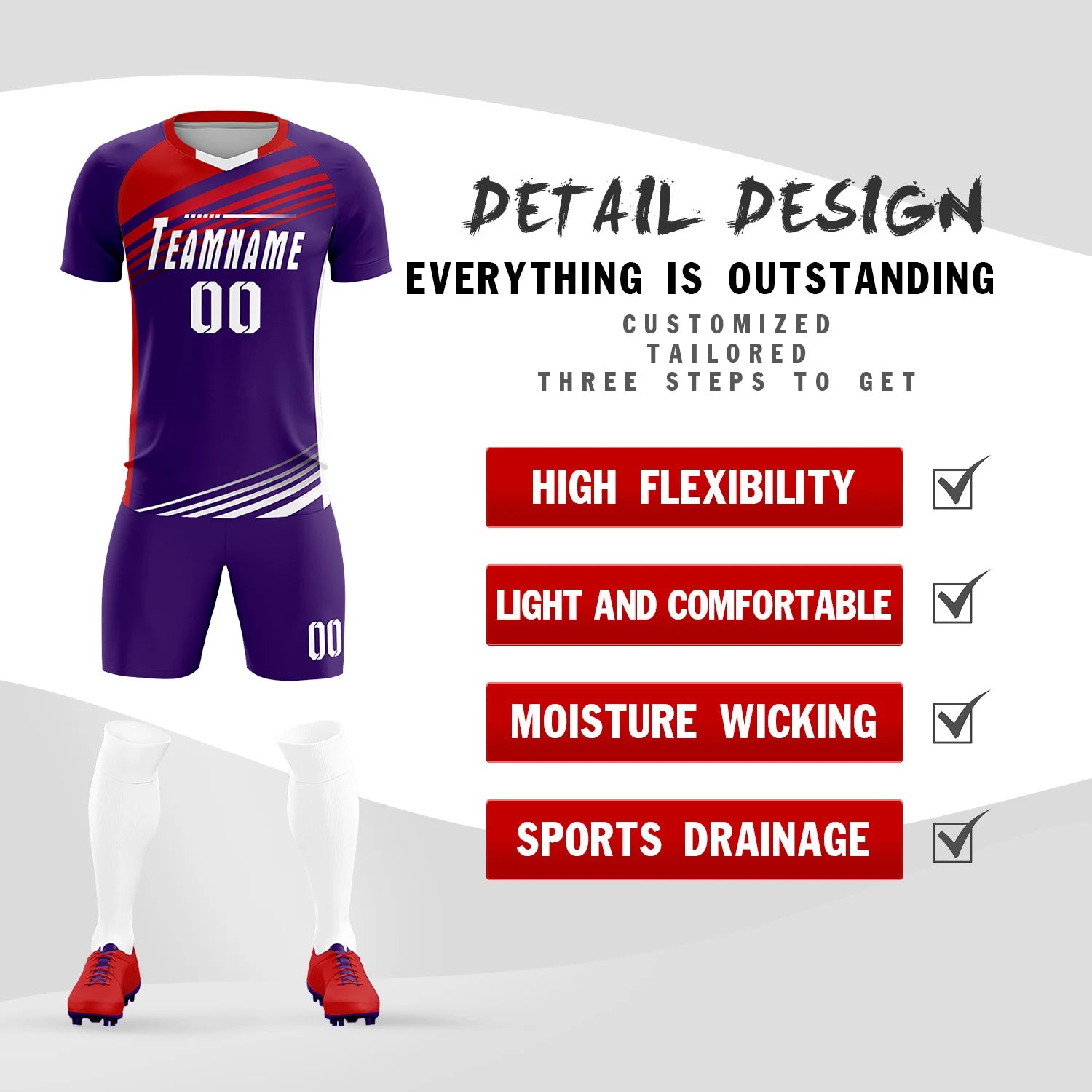 Custom Purple Red-White Gradient Sport Soccer Sets Jersey