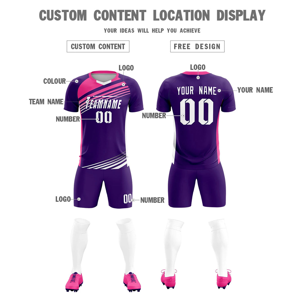 Custom Purple Pink-White Gradient Sport Soccer Sets Jersey