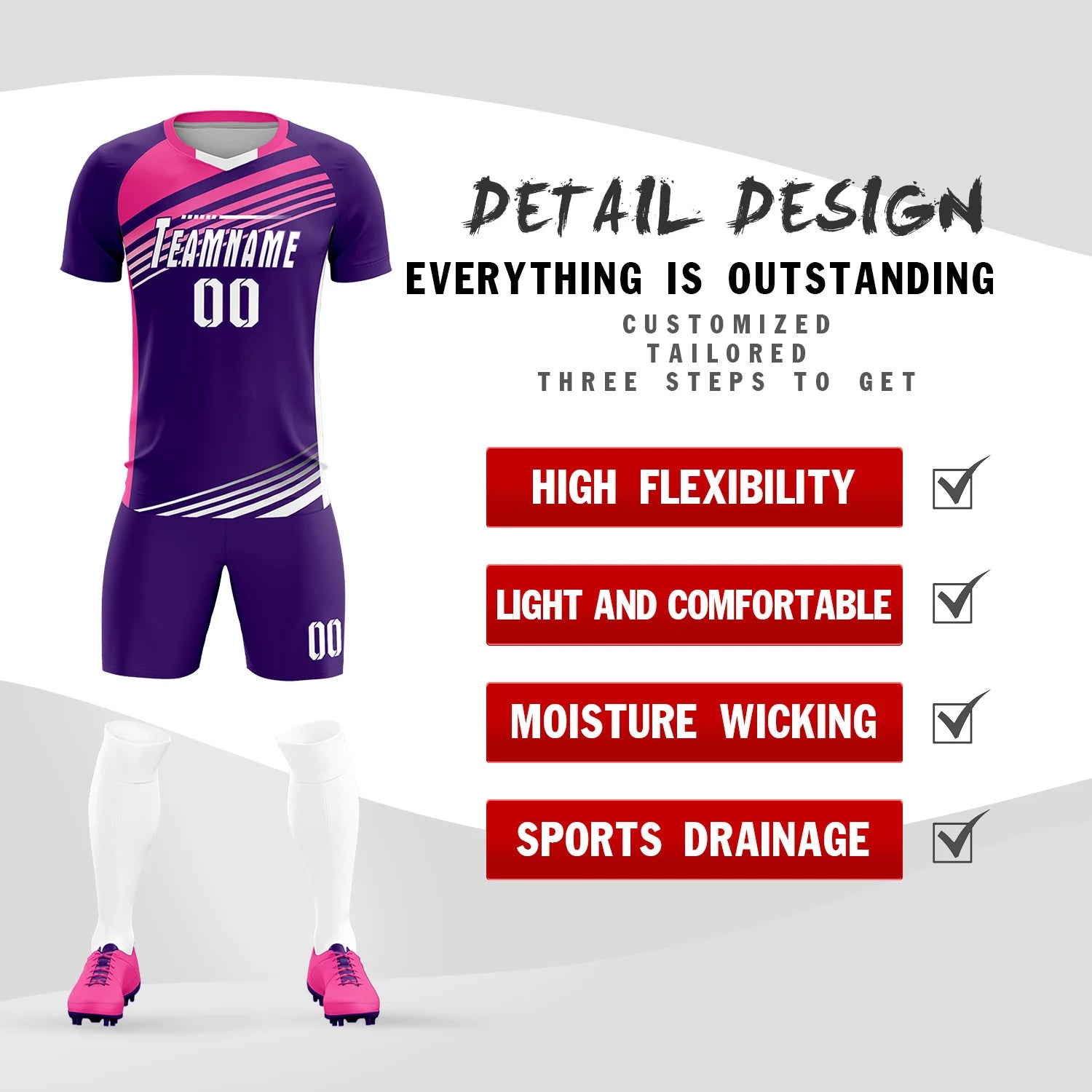 Custom Purple Pink-White Gradient Sport Soccer Sets Jersey