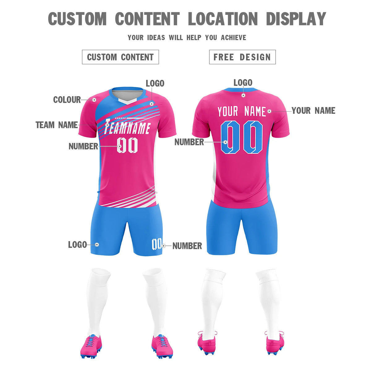 Custom Pink Powder Blue Gradient Sport Soccer Sets Jersey