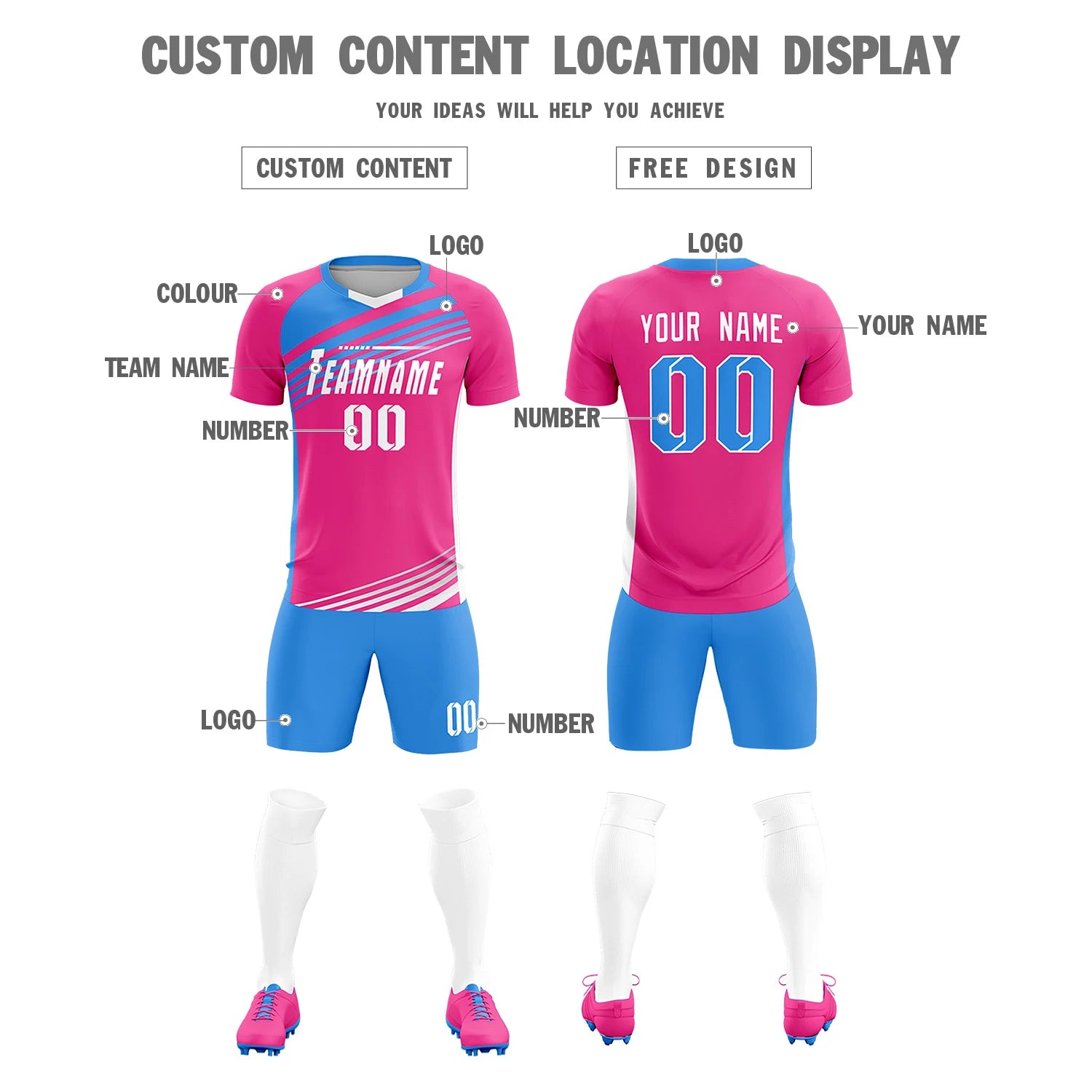 Custom Pink Powder Blue Gradient Sport Soccer Sets Jersey