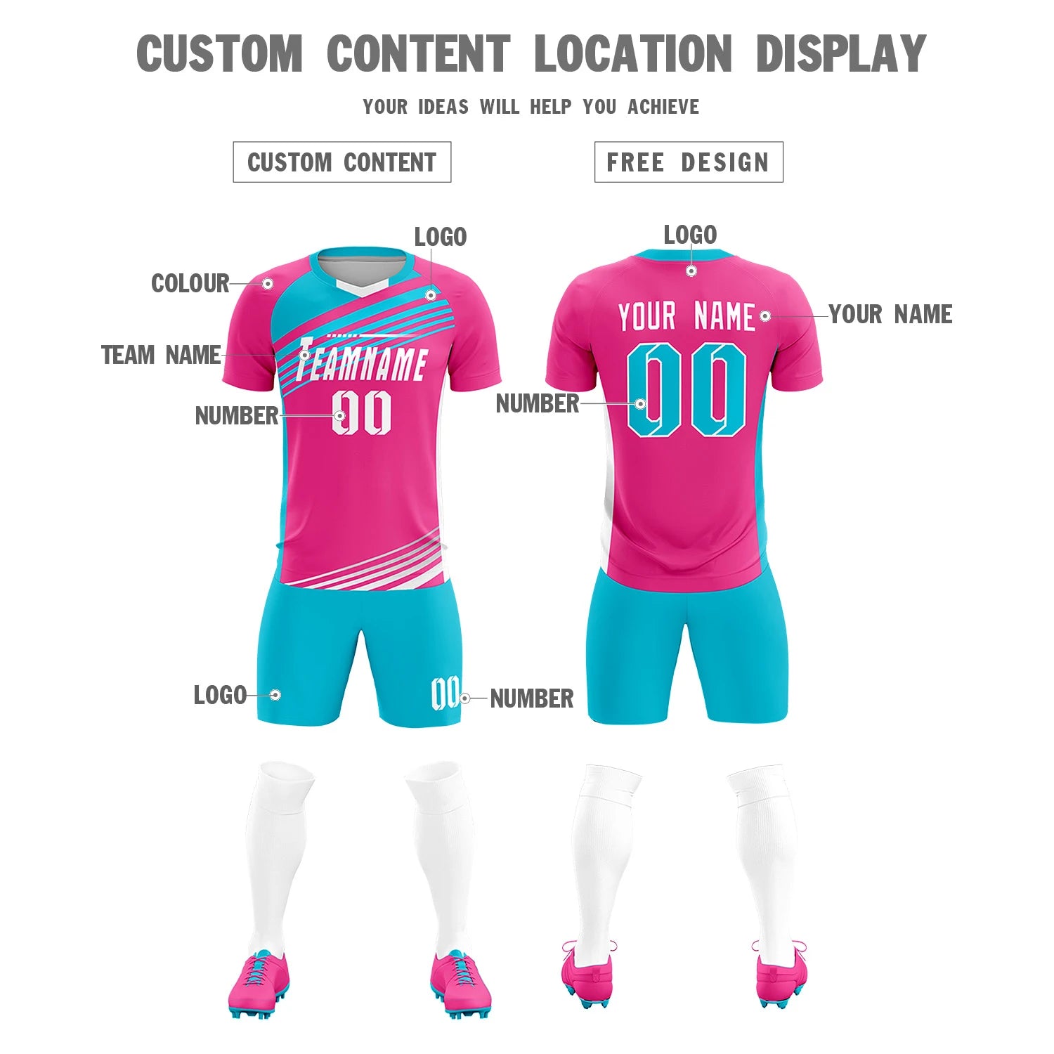 Custom Pink Sky Blue Gradient Sport Soccer Sets Jersey