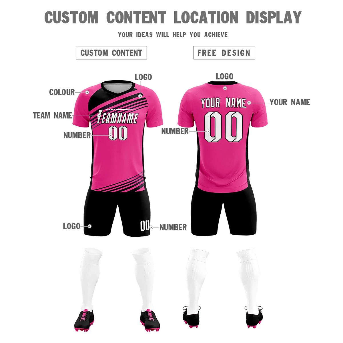Custom Pink Black-White Gradient Sport Soccer Sets Jersey