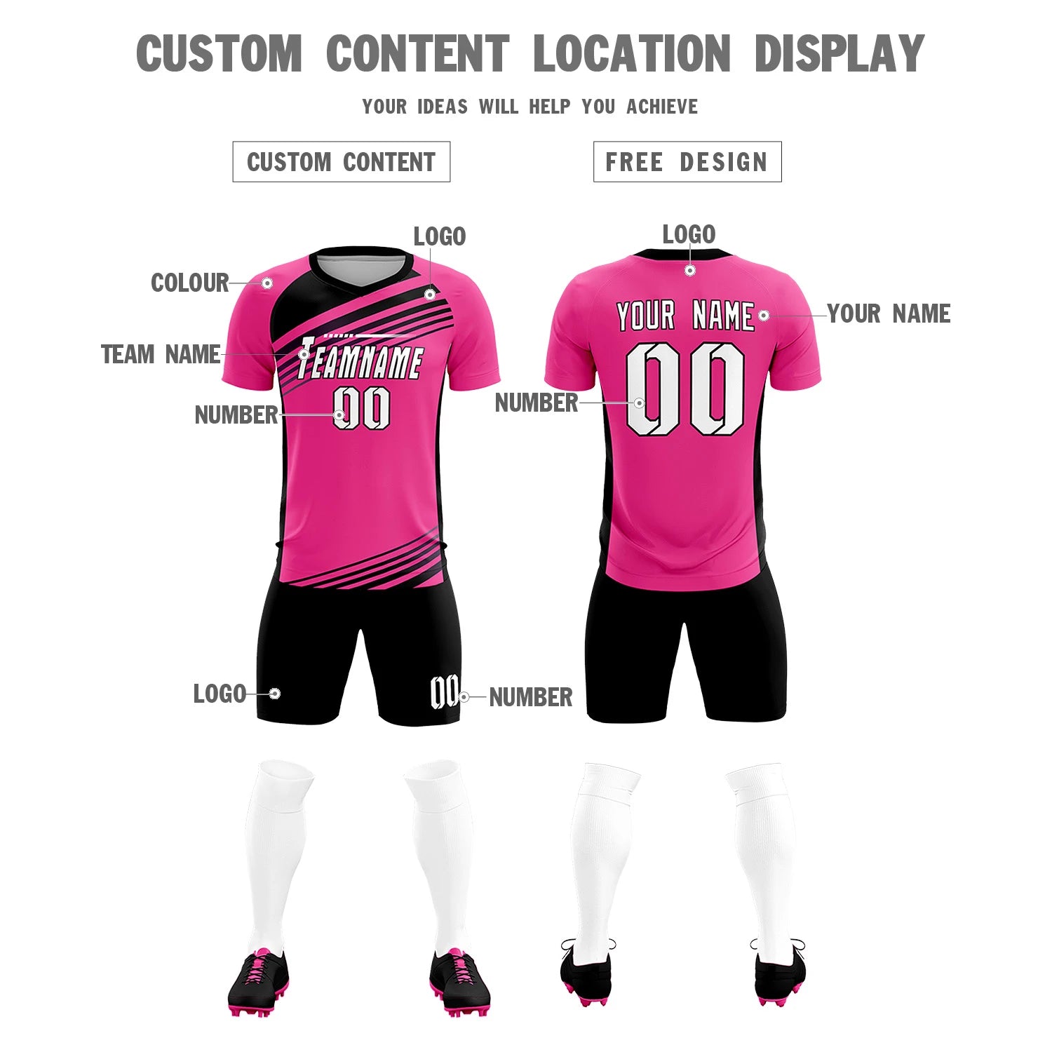 Custom Pink Black-White Gradient Sport Soccer Sets Jersey