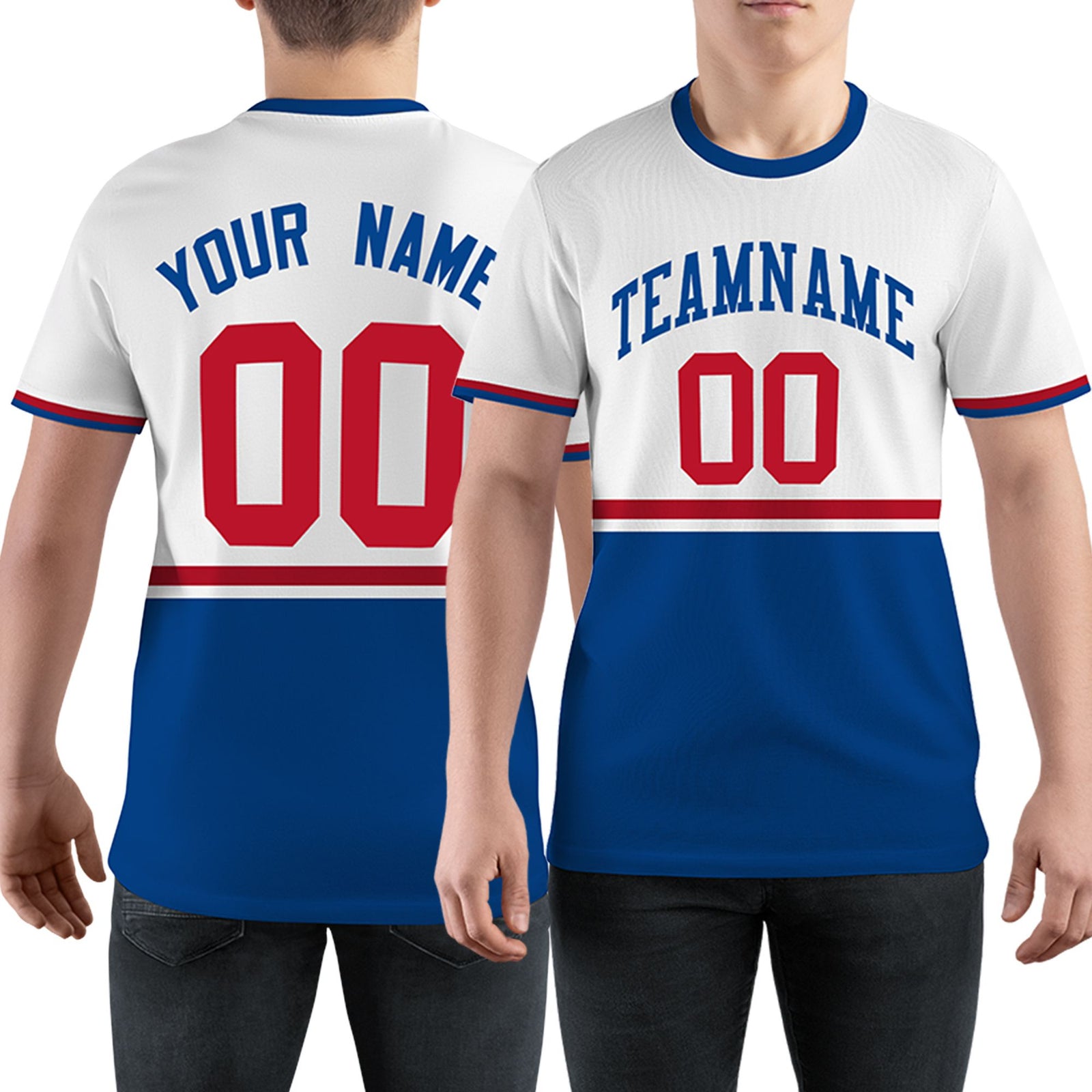 Custom White Royal Blue-Red Color Block Design Performance T-Shirt