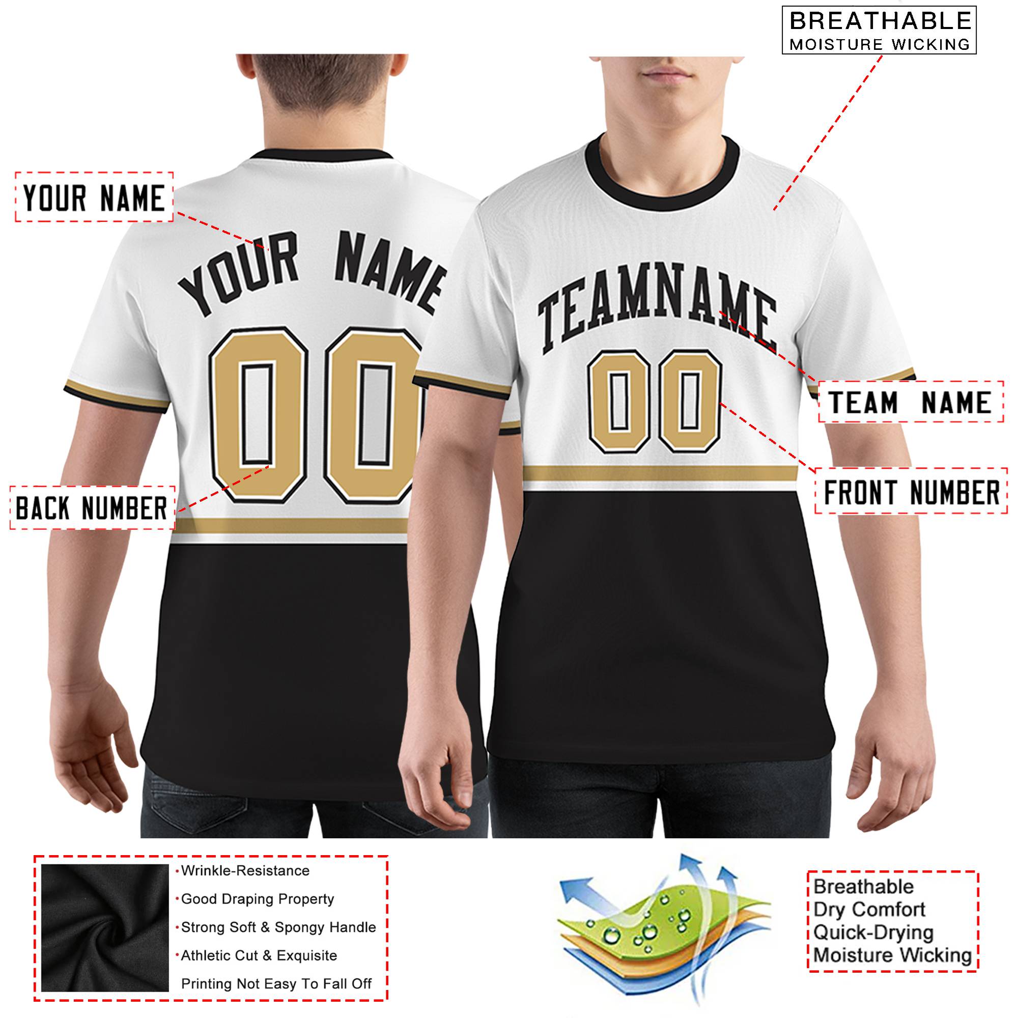 Custom White Black-Old Gold Color Block Design Performance T-Shirt