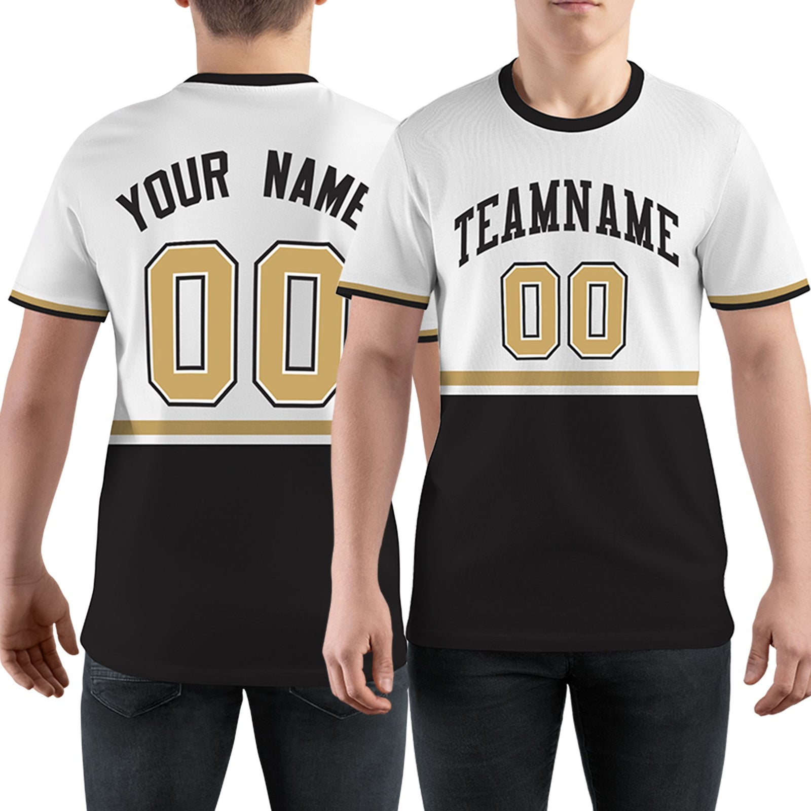 Custom White Black-Old Gold Color Block Design Performance T-Shirt