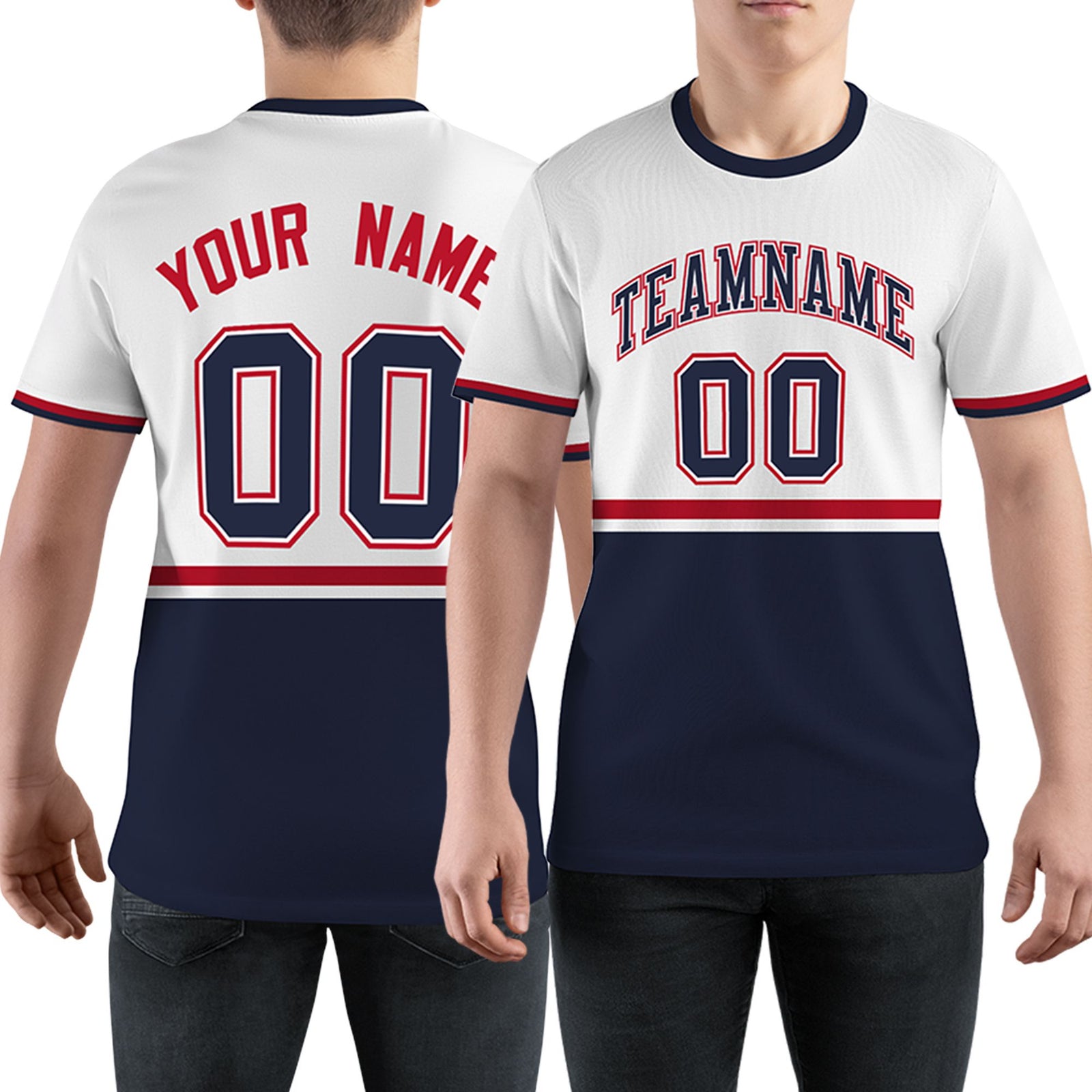 Custom White Navy-Red Color Block Design Performance T-Shirt