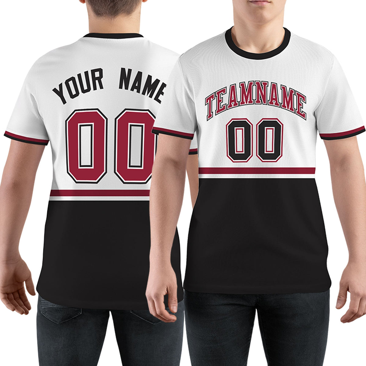 Custom White Black-Crimson Color Block Design Performance T-Shirt