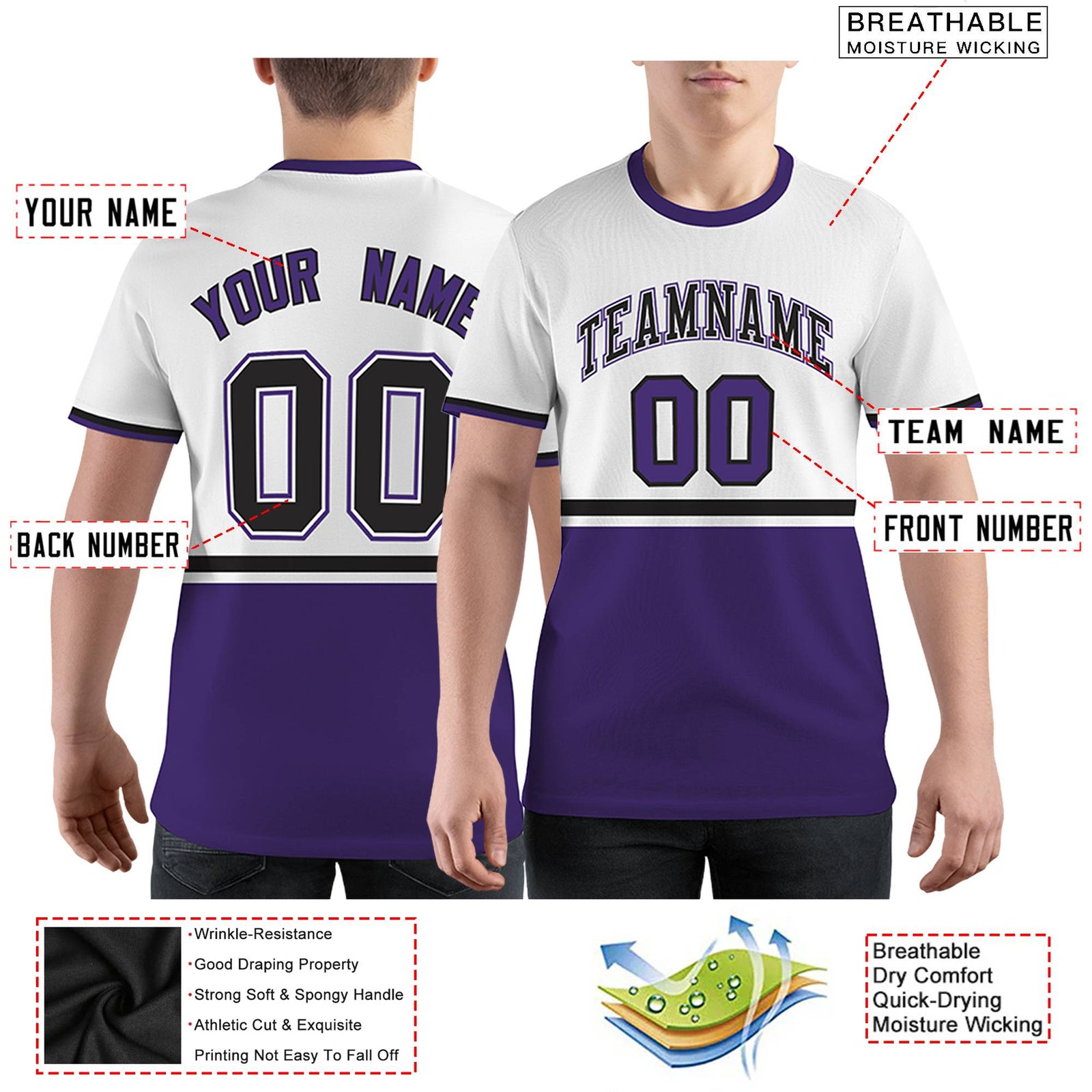 Custom White Purple-Black Color Block Design Performance T-Shirt