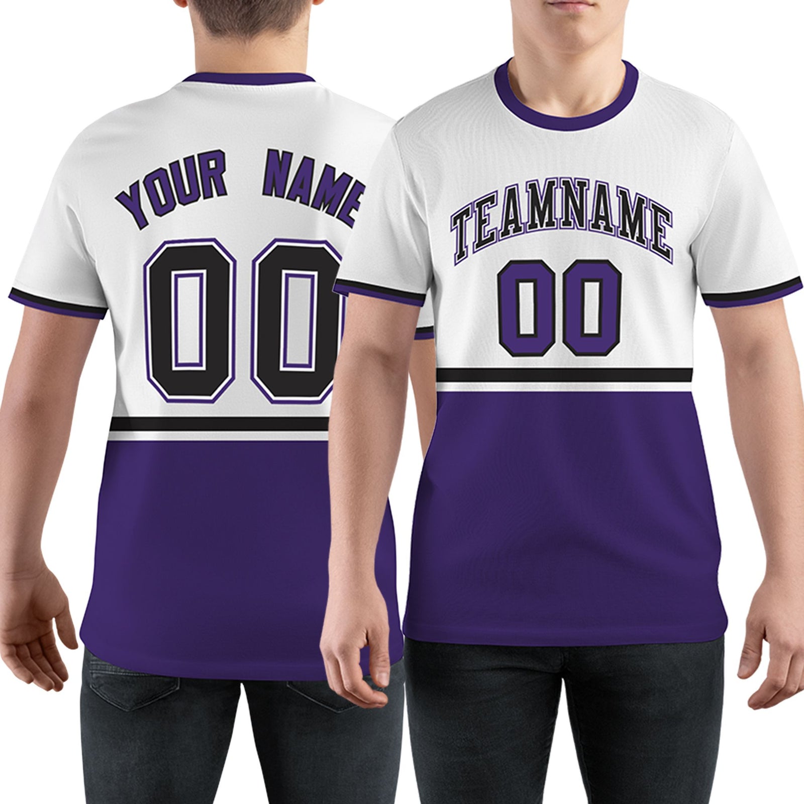 Custom White Purple-Black Color Block Design Performance T-Shirt