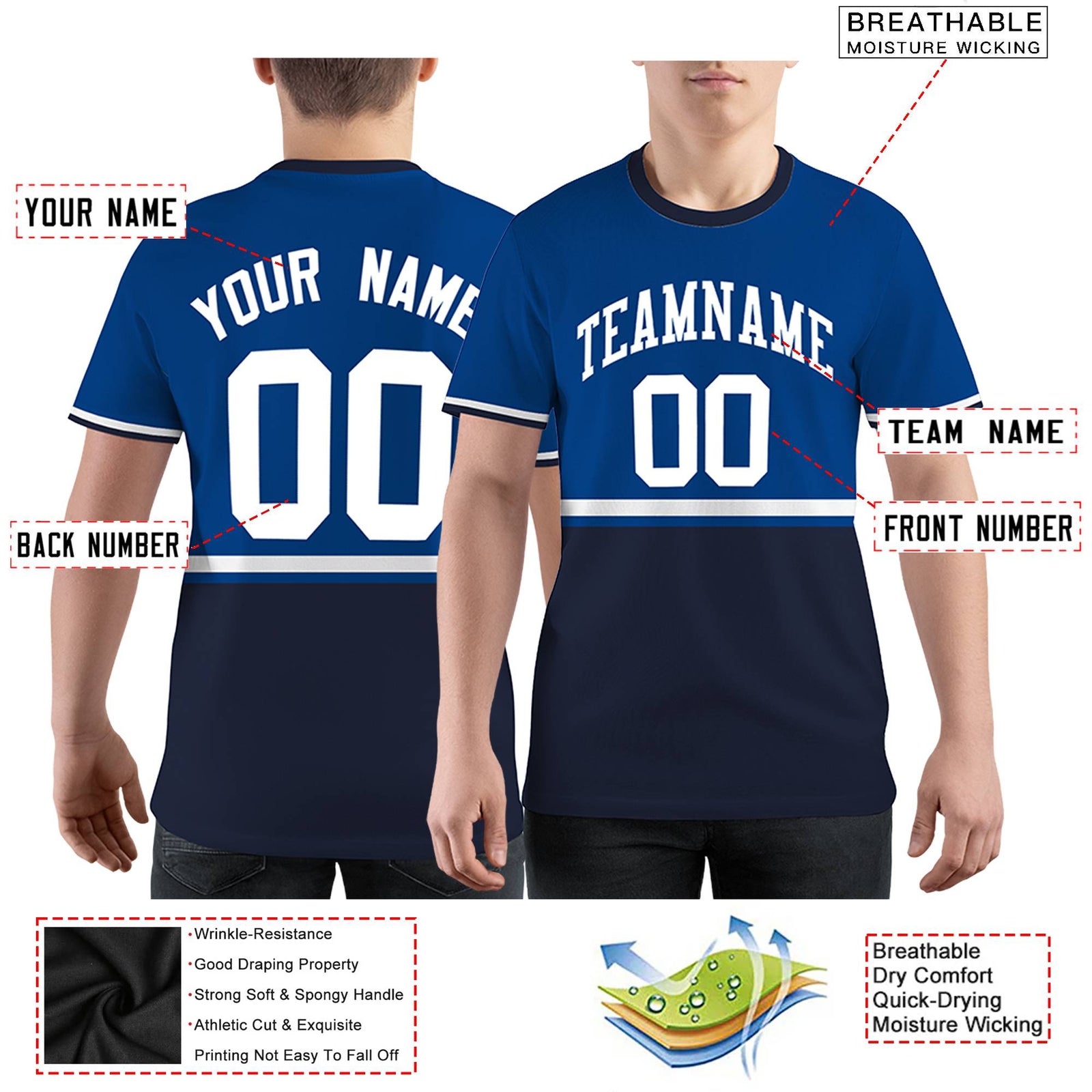 Custom Royal Blue Navy-White Color Block Design Performance T-Shirt