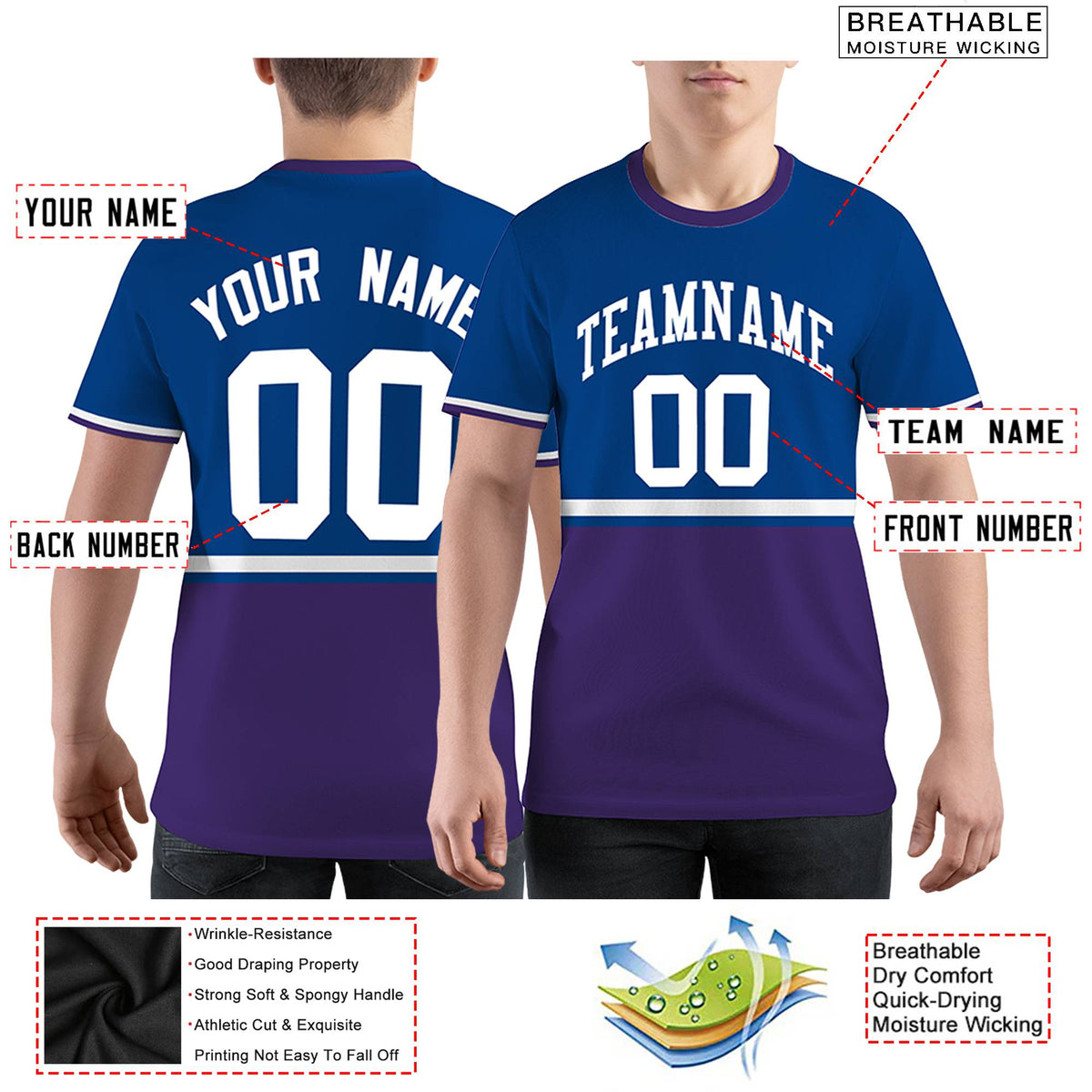 Custom Royal Blue Purple-White Color Block Design Performance T-Shirt