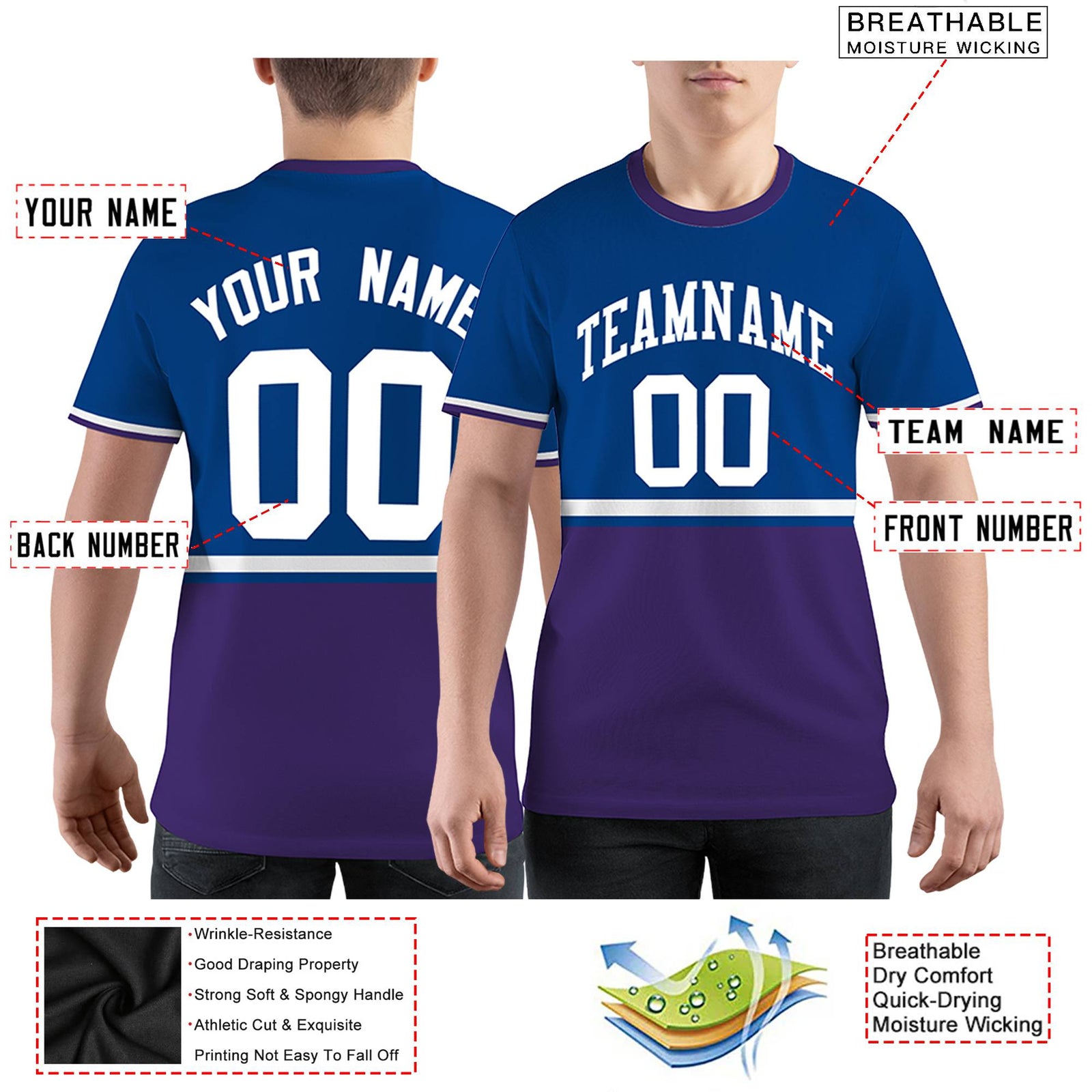 Custom Royal Blue Purple-White Color Block Design Performance T-Shirt