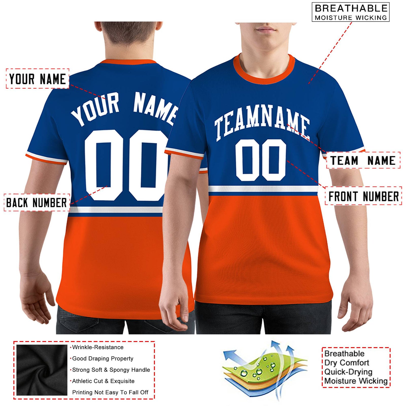 Custom Royal Blue Orange-White Color Block Design Performance T-Shirt