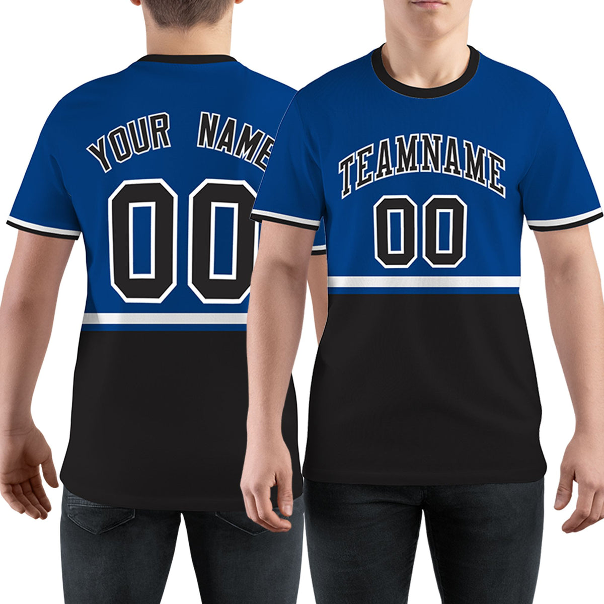 Custom Royal Blue Black-White Color Block Design Performance T-Shirt