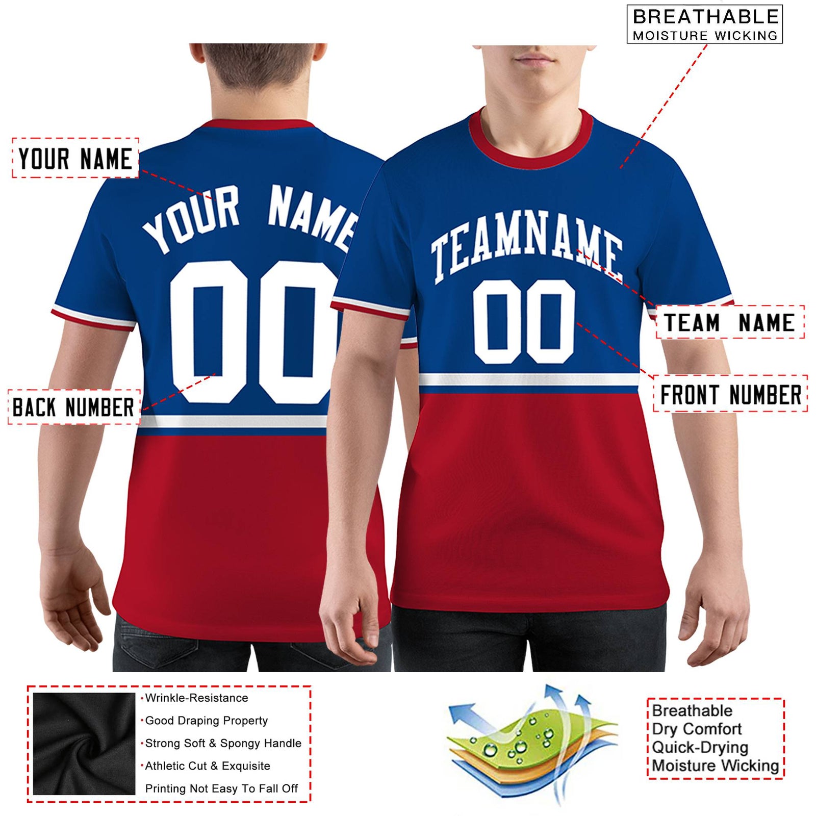 Custom Royal Blue Red-White Color Block Design Performance T-Shirt