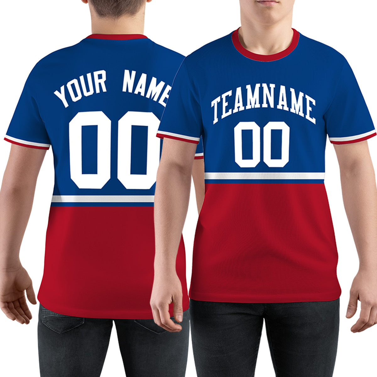 Custom Royal Blue Red-White Color Block Design Performance T-Shirt