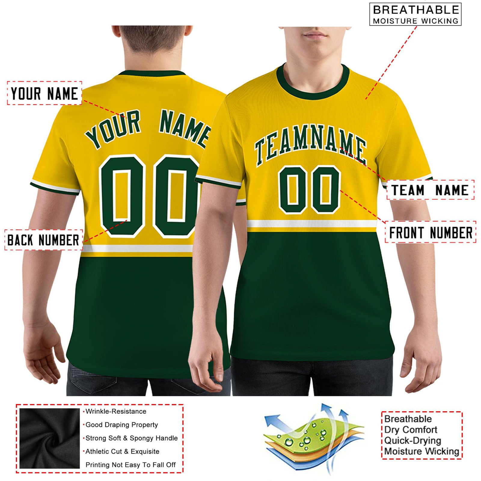 Custom Gold01 Kelly Green-White Color Block Design Performance T-Shirt