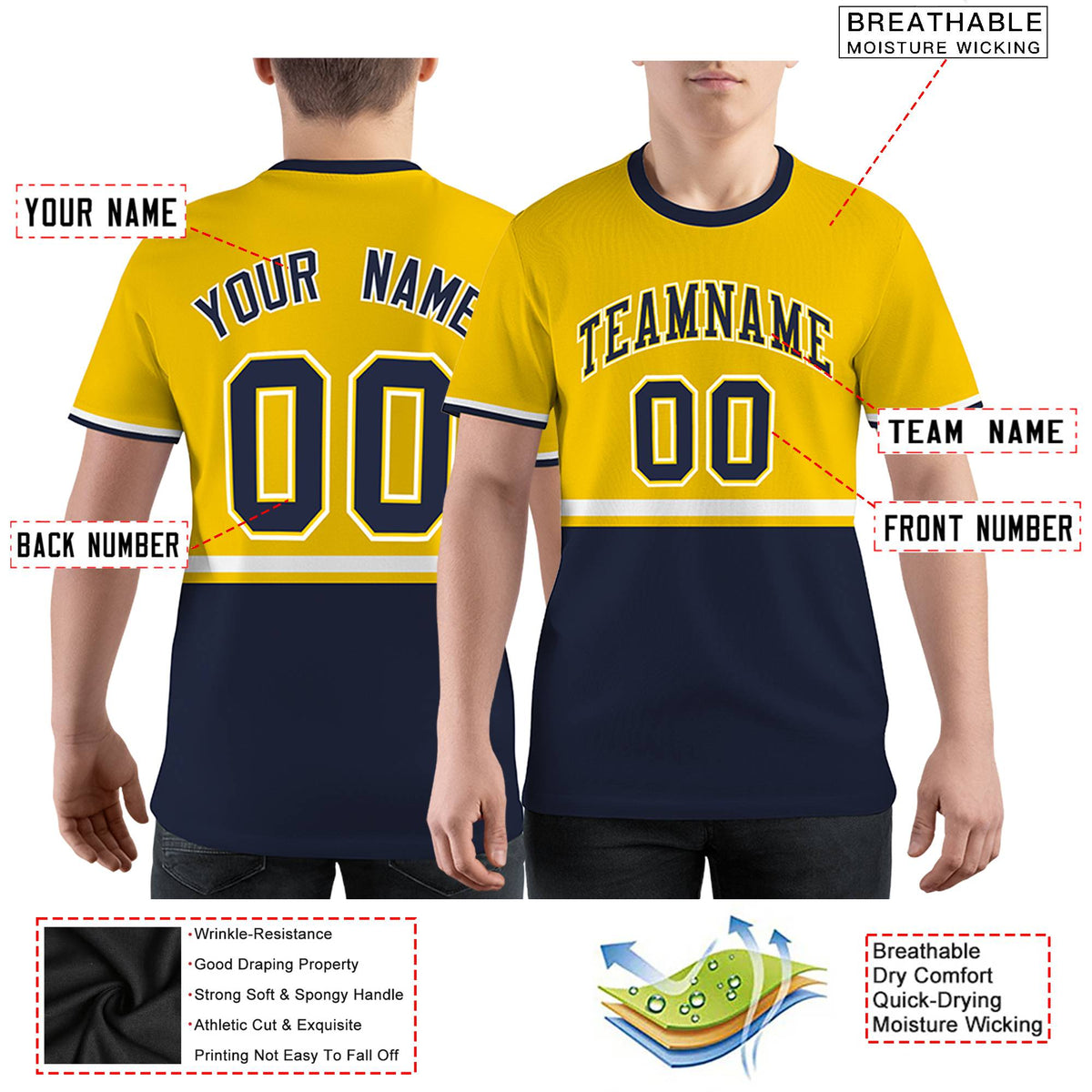 Custom Gold01 Navy-White Color Block Design Performance T-Shirt