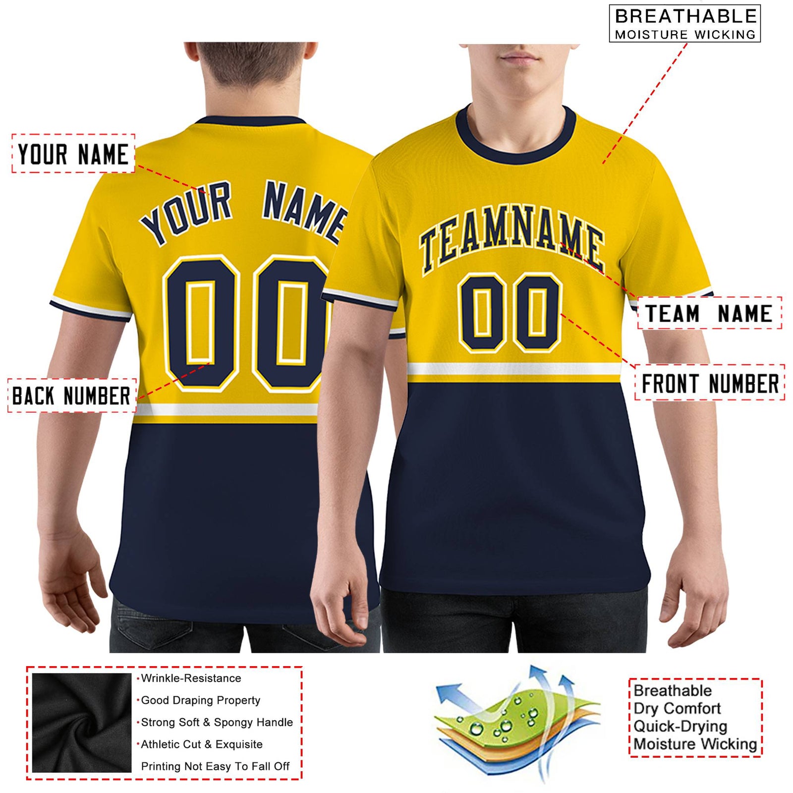 Custom Gold01 Navy-White Color Block Design Performance T-Shirt
