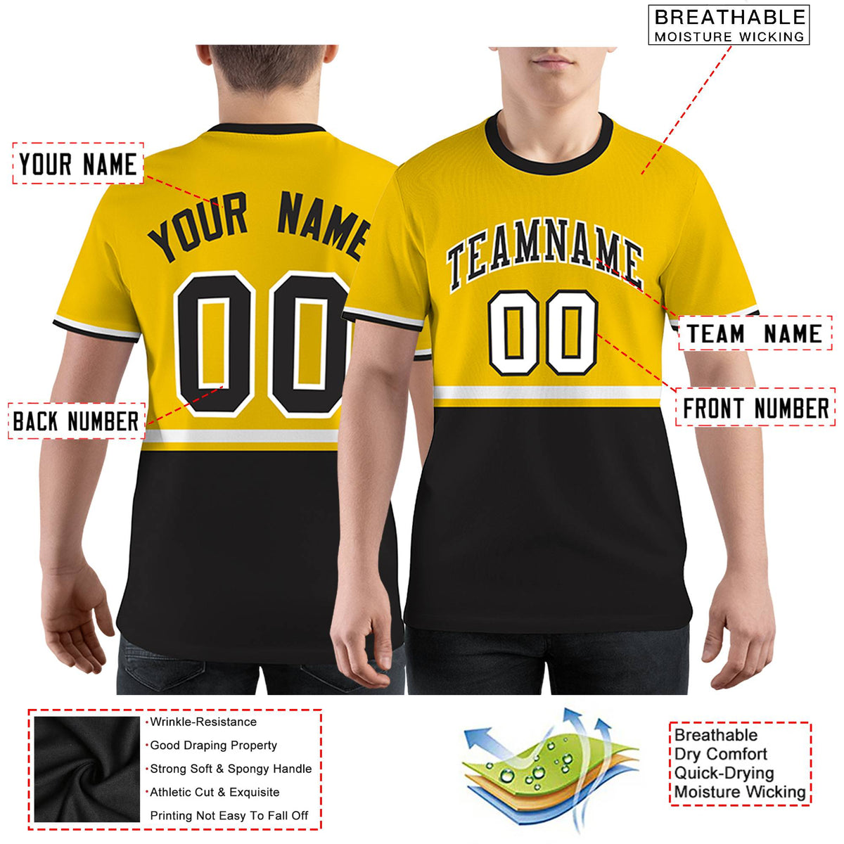 Custom Gold01 Black-White Color Block Design Performance T-Shirt